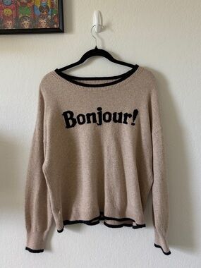 LOFT BONJOUR KNIT SWEATER OATMEAL TAN BLACK TRIM FRENCH GIRL SIZE L
